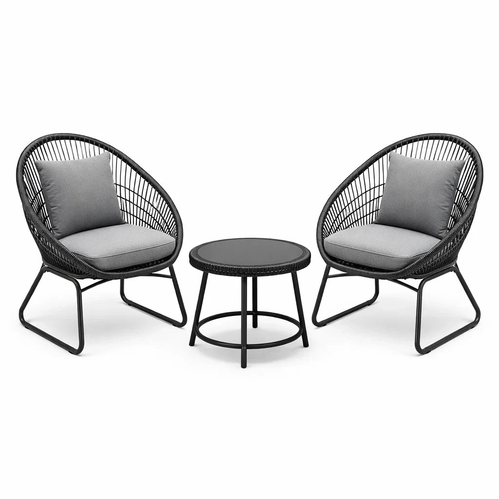 Ensemble de détente en rotin PE noir avec coussins en polyester gris - 2026