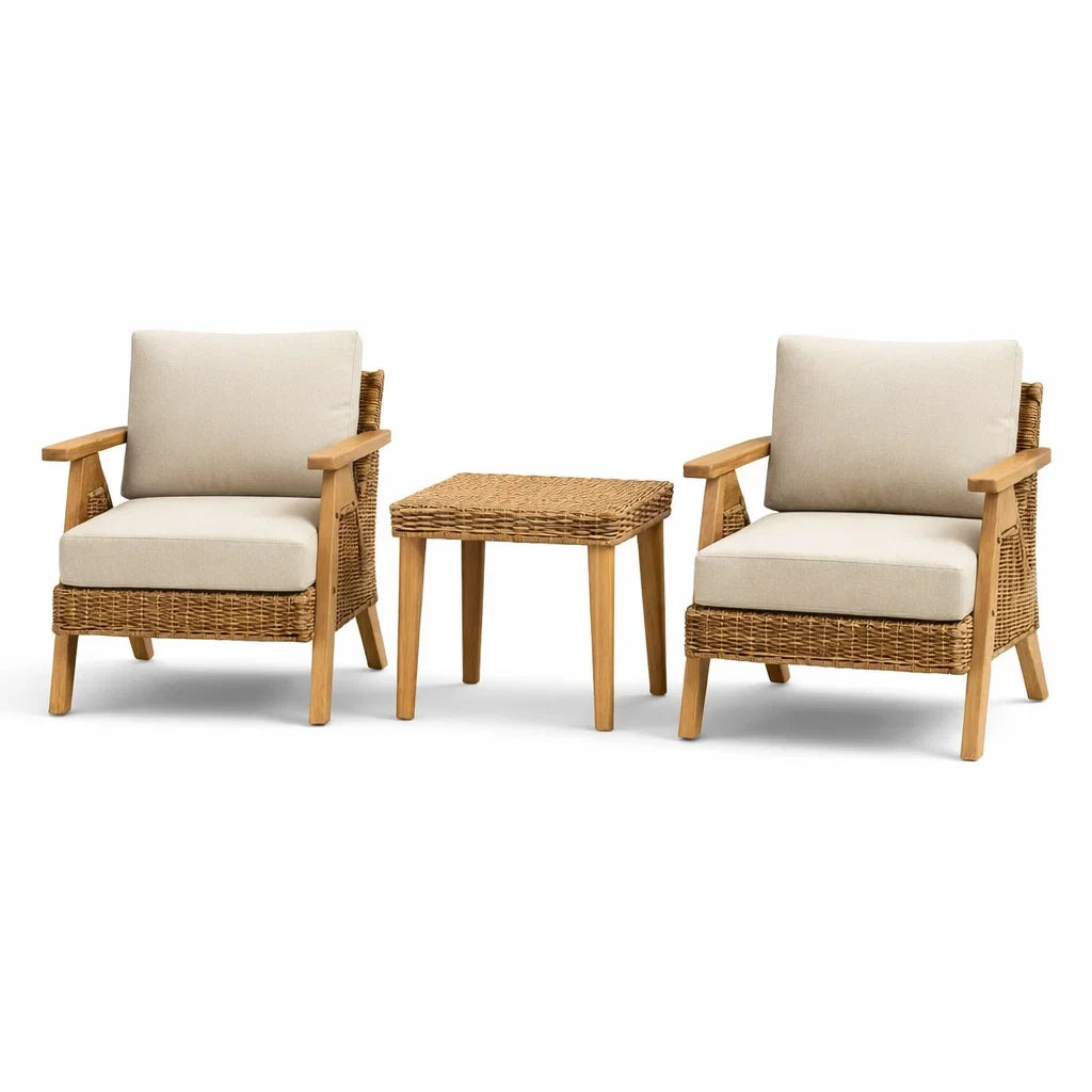 Ensemble de détente avec chaises en bois et osier table et coussins en polyester - 2026