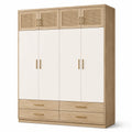 Armoire moderne à 8 portes avec inserts en rotin et 4 tiroirs, chêne naturel et blanc, 200 × 55 × 220 cm - 2026