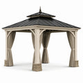 Pavillon extérieur en bois et métal avec rideaux beige - 2026