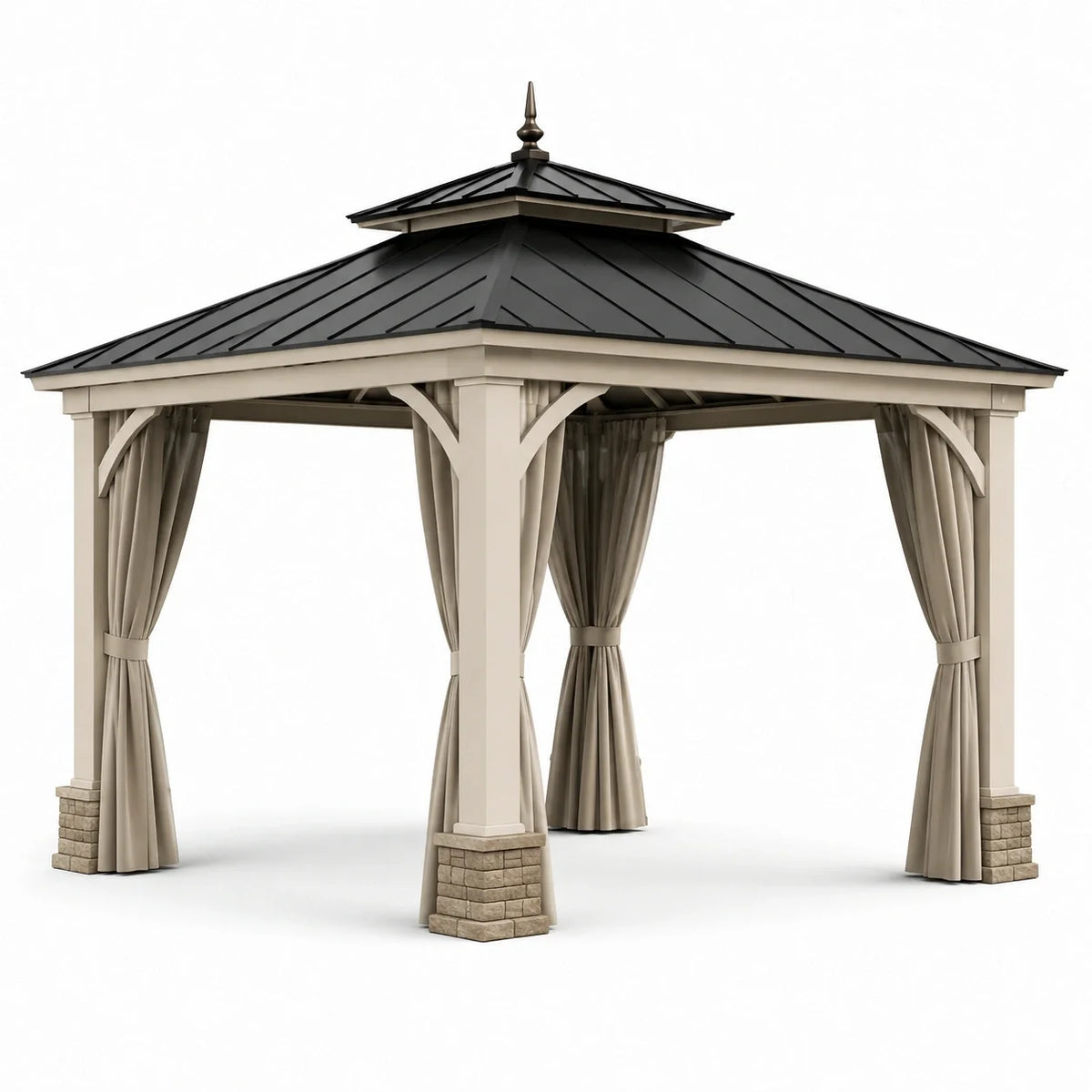 Pavillon extérieur en bois et métal avec rideaux beige - 2026