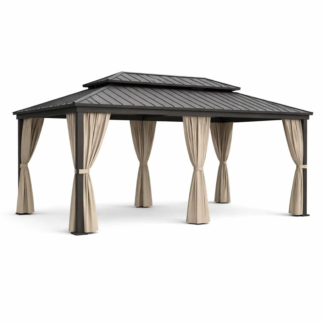 Pavillon de jardin en aluminium avec toit en acier et rideaux beiges - 2026