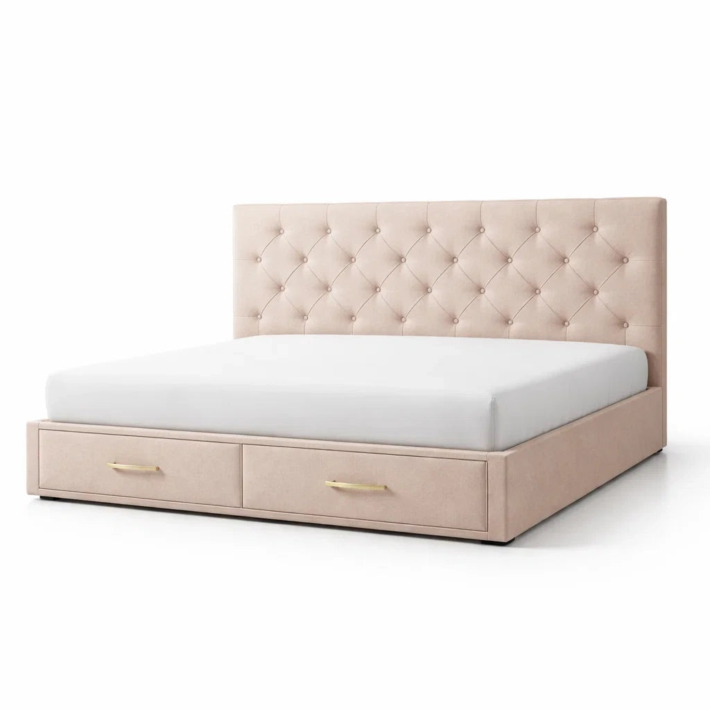 Lit avec rangement double en velours beige avec tiroirs - 2026