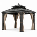 Pavillon en métal avec toit à deux niveaux et rideaux polyester noir/beige 300x400 cm - 2026