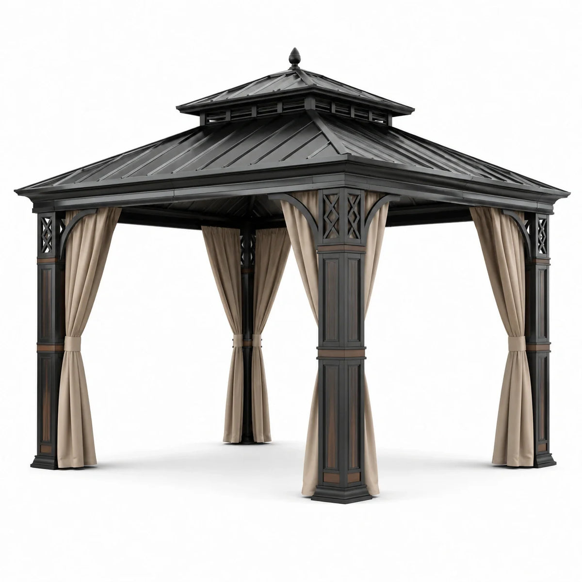 Pavillon en métal avec toit à deux niveaux et rideaux polyester noir/beige 300x400 cm - 2026