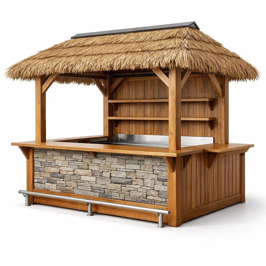 Kiosque bar de jardin en bois et pierre avec toit en paille - 2026
