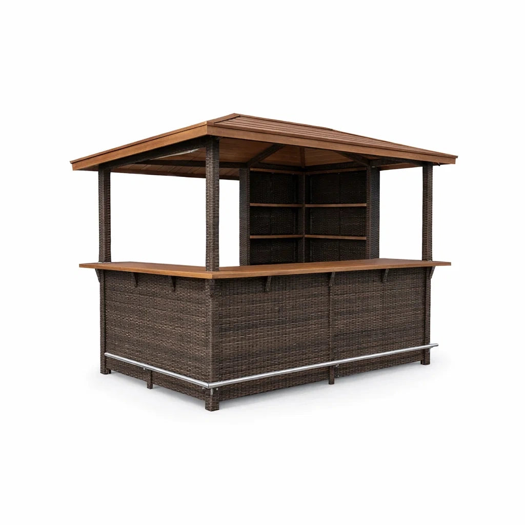 Kiosque bar de jardin en osier synthétique et bois d’acacia avec étagères 230x120x250 cm - 2026