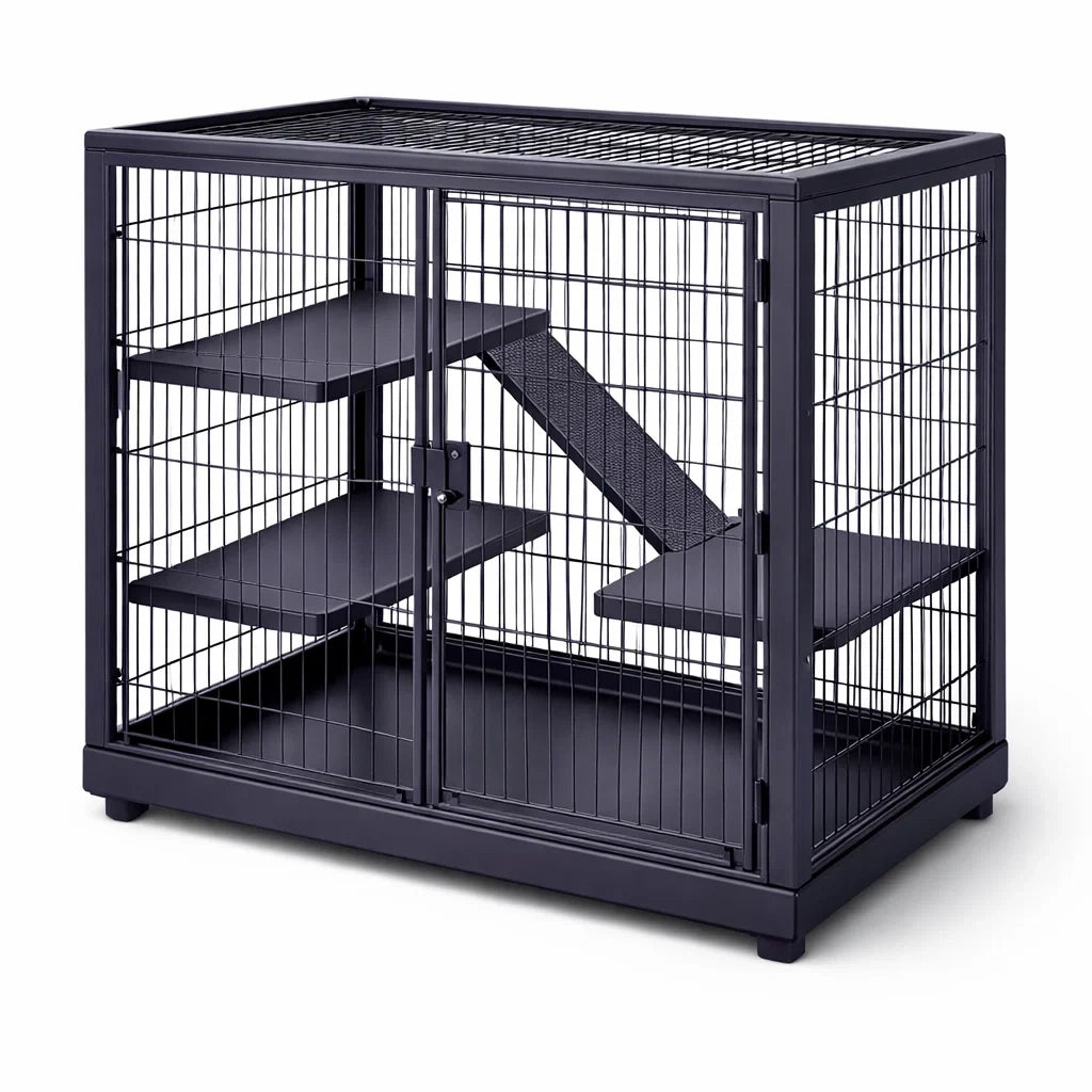 Cage à chat en métal noir pour petits animaux avec plateformes et rampe - 2026