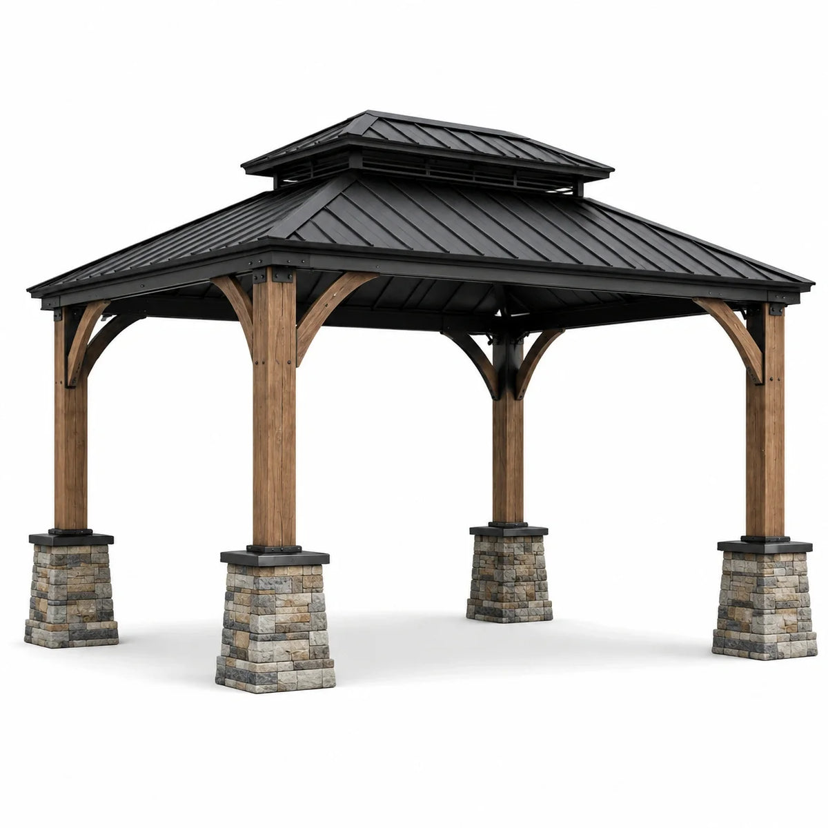 Tonnelle de jardin en bois brun avec toit métallique noir, 400 × 360 × 320 cm - 2026