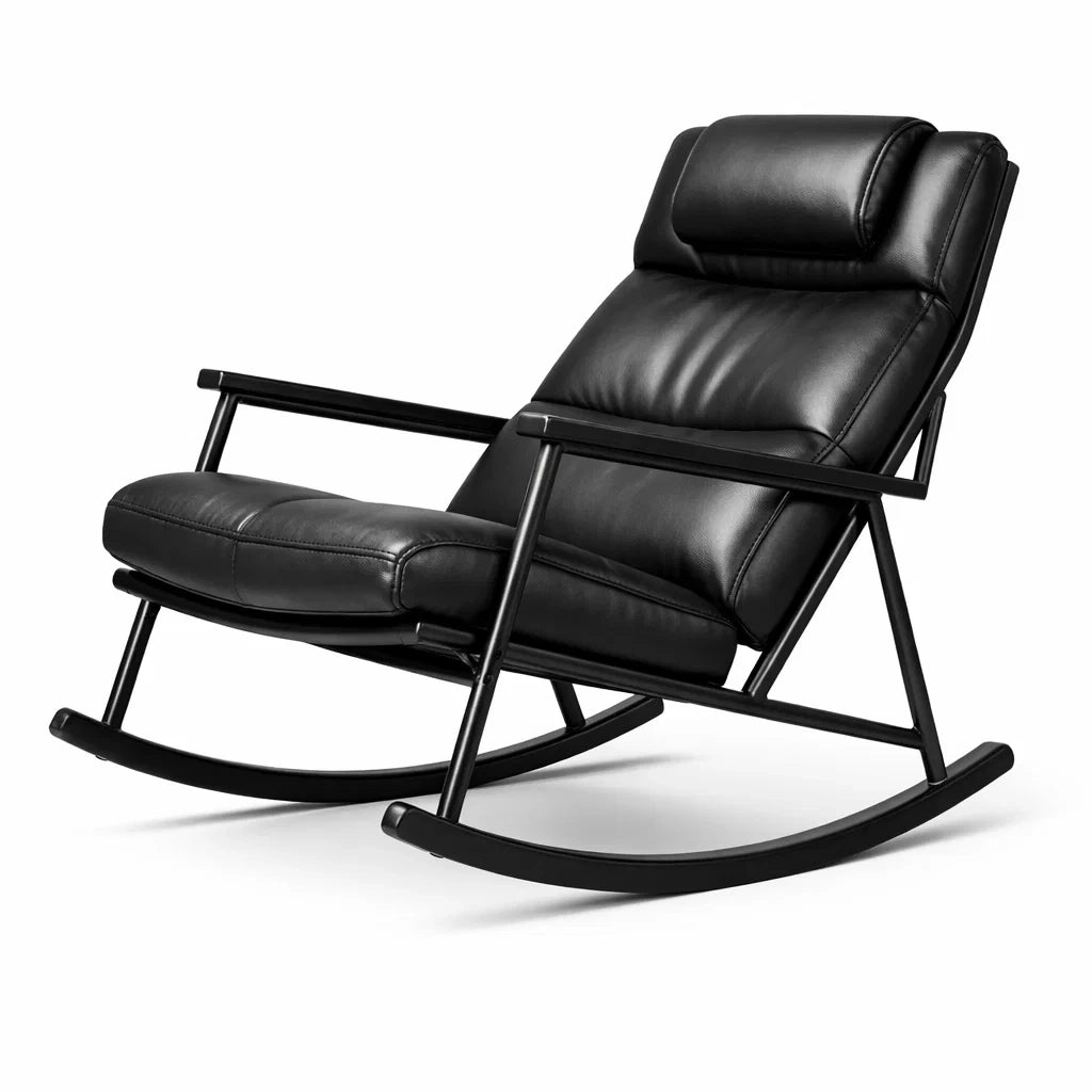 Fauteuil à bascule d’intérieur en cuir synthétique noir avec structure en acier - 2026