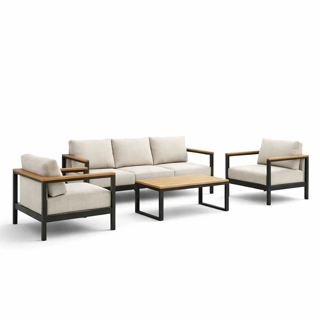 Ensemble de salon extérieur en aluminium, bois et tissu polyester - 2026