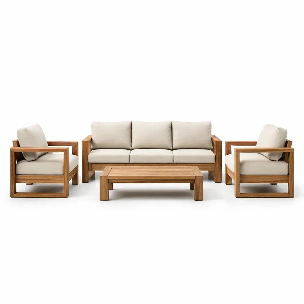 Ensemble de salon extérieur en bois de teck et tissu beige - 2026