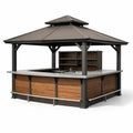 Kiosque bar de jardin avec bar intégré en métal et bois marron - 2026