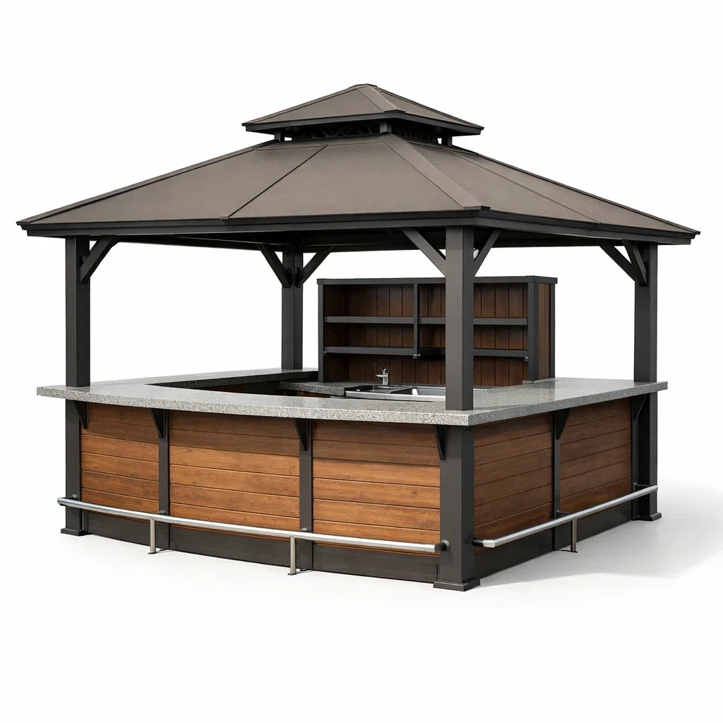 Kiosque bar de jardin avec bar intégré en métal et bois marron - 2026