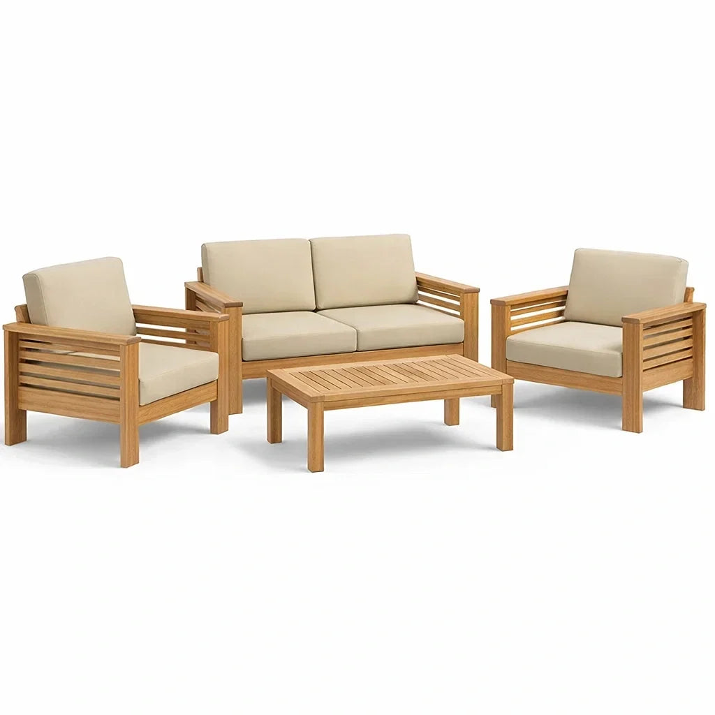 Ensemble de mobilier d'extérieur en bois de teck avec coussins beiges - 2026