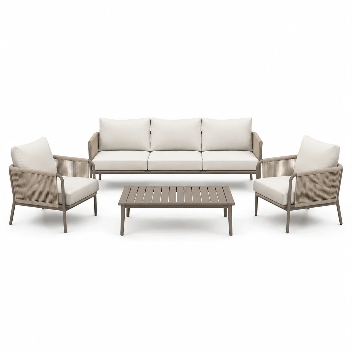 Salon de jardin 4 pièces taupe, écru et beige avec canapé 3 places 205 × 80 × 78 cm, 2 fauteuils 76 × 80 × 78 cm et table basse 110 × 60 × 38 cm - 2026
