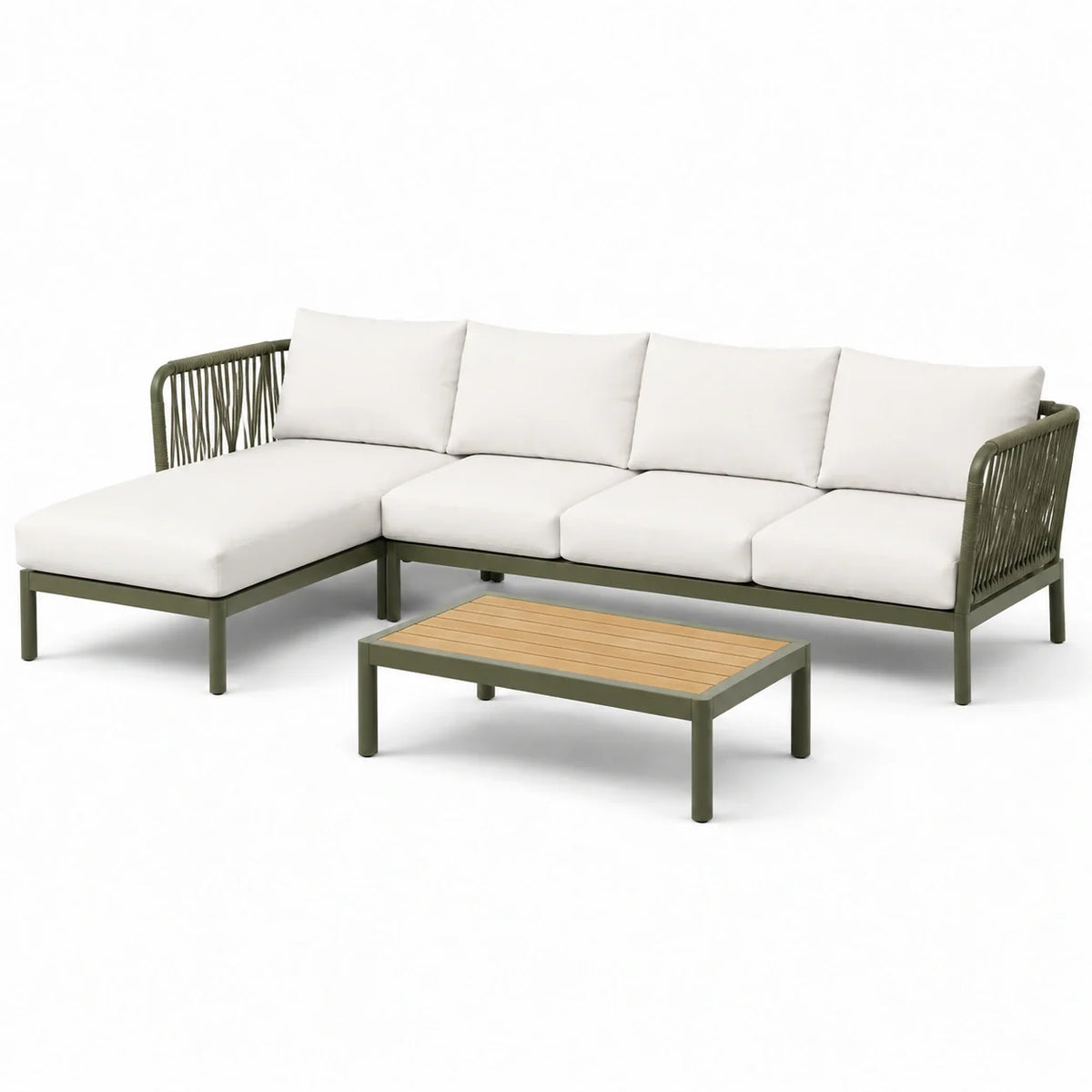 Salon de jardin en aluminium avec coussins en polyester olive et table en bois composite - 2026