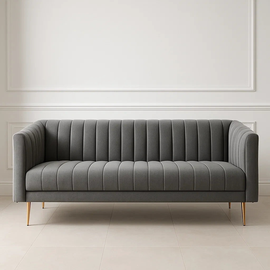 Canapés canapé trois places tissu gris pieds métal doré 200 cm - 2026