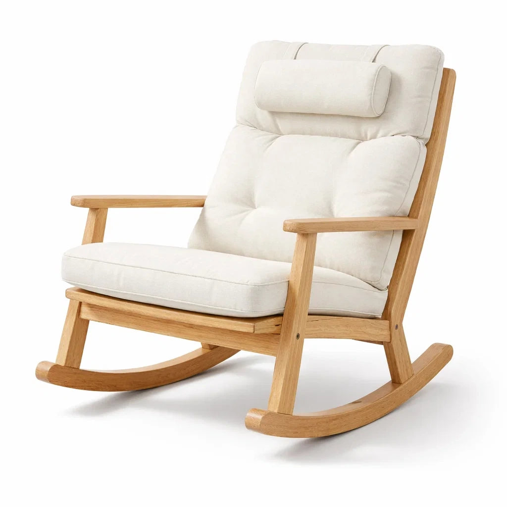 Fauteuil à bascule de terrasse en bois avec revêtement en tissu beige - 2026
