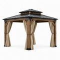 Pavillon de jardin en bois brun et acier anthracite avec rideaux beiges et toit rigide à double niveau, 300 × 300 × 290 cm - 2026