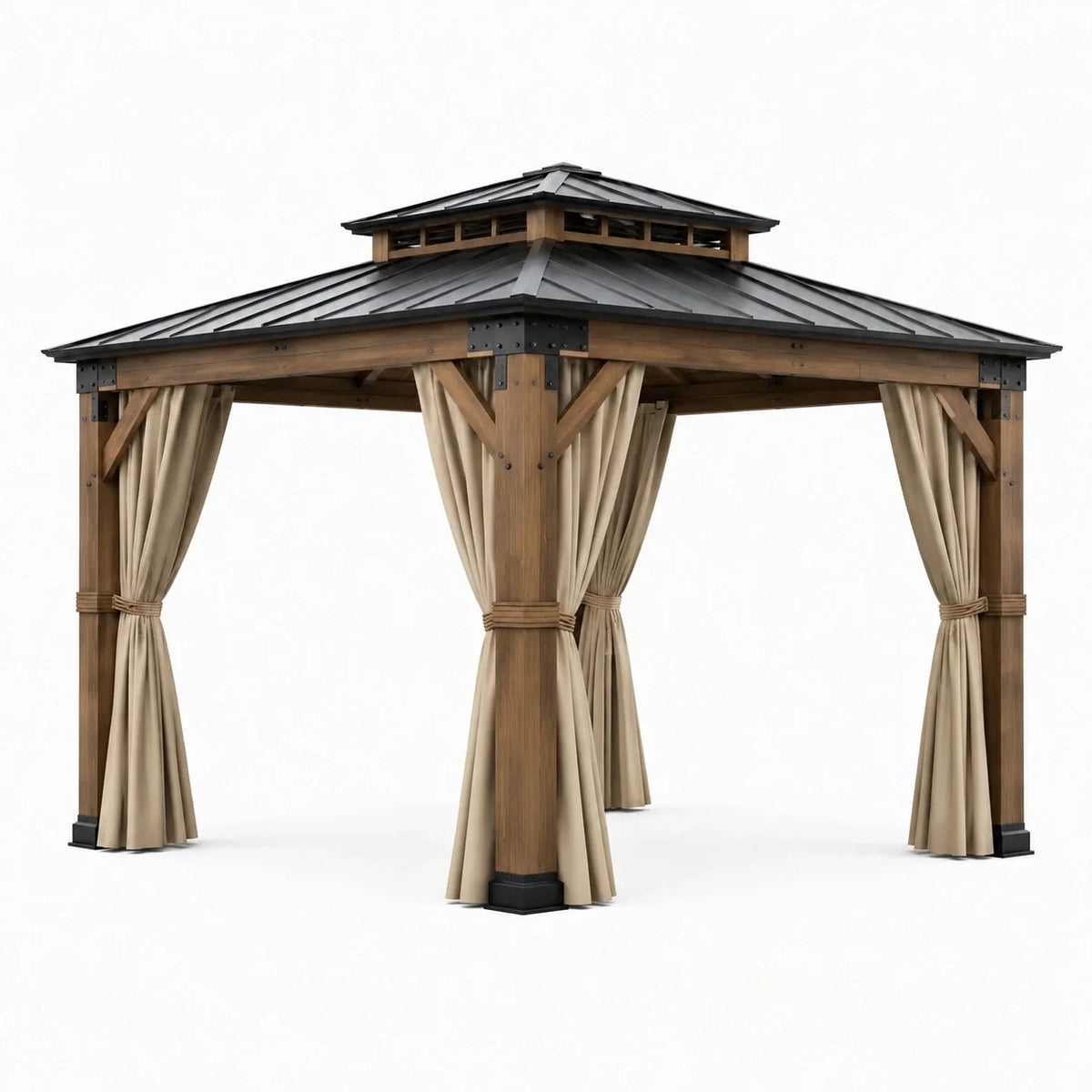 Pavillon de jardin en bois brun et acier anthracite avec rideaux beiges et toit rigide à double niveau, 300 × 300 × 290 cm - 2026