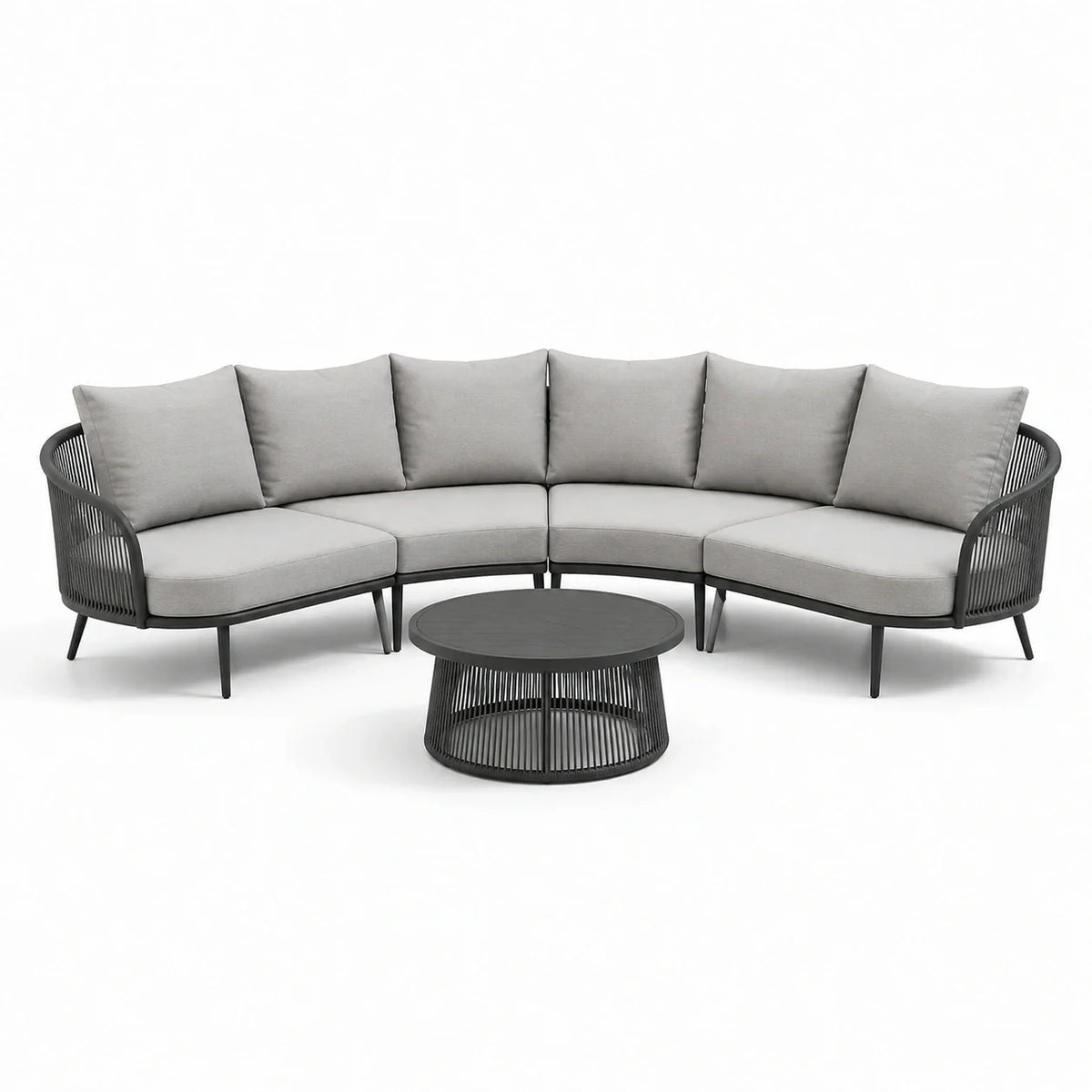 Salon de jardin en aluminium et corde polyester gris avec table ronde - 2026