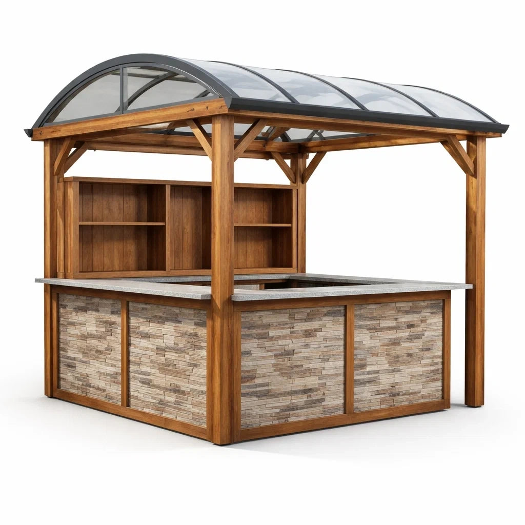 Kiosque bar de jardin en bois d’acacia et polycarbonate avec comptoirs en pierre - 2026