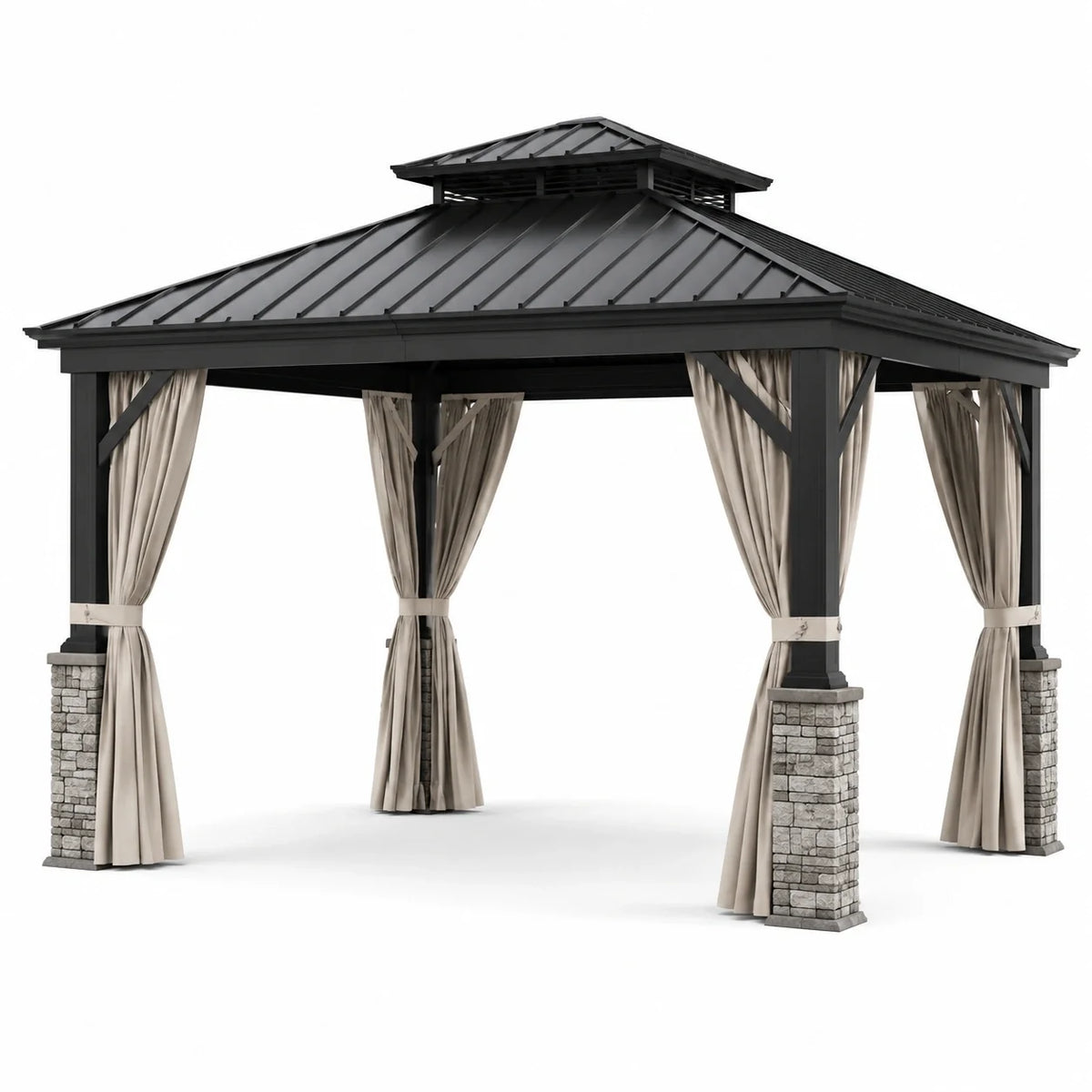 Pergola de jardin en métal noir avec toit rigide et rideaux beiges, 400 × 300 × 310 cm - 2026