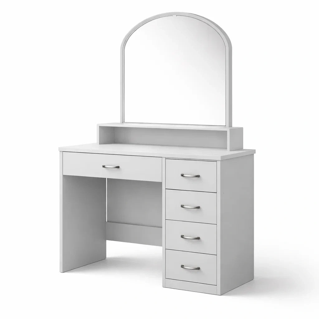 Coiffeuse en bois blanc avec miroir et 5 tiroirs - 2026