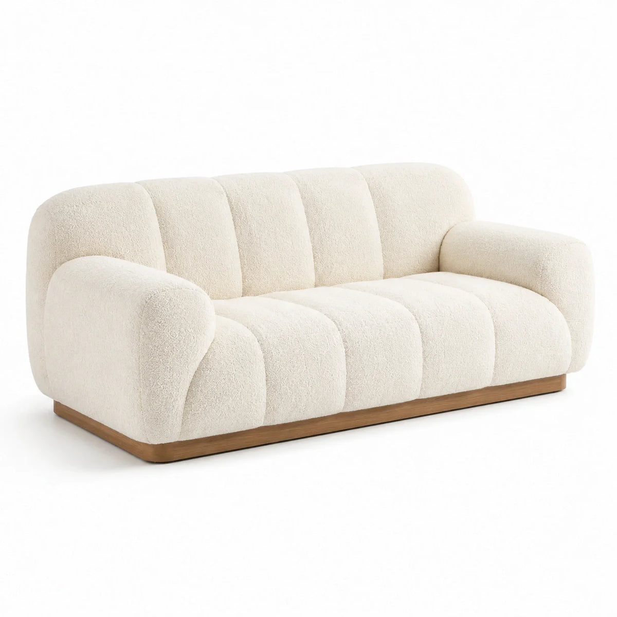 Canapé 3 places en tissu bouclé crème et bois - 2026