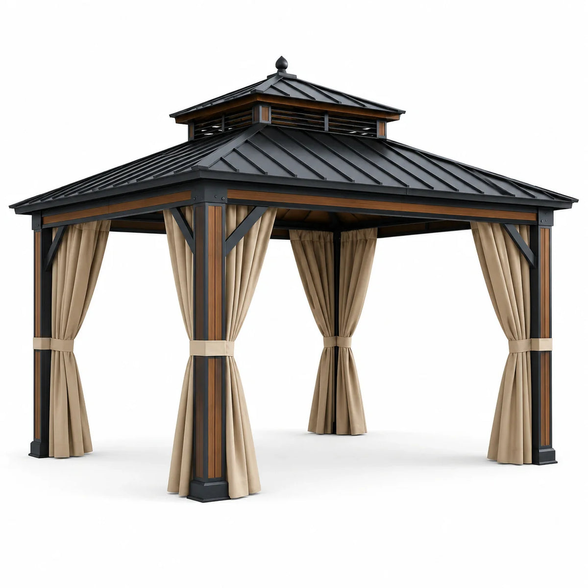 Pavillon de jardin en métal et polyester avec rideaux beiges 300x300x270 cm - 2026