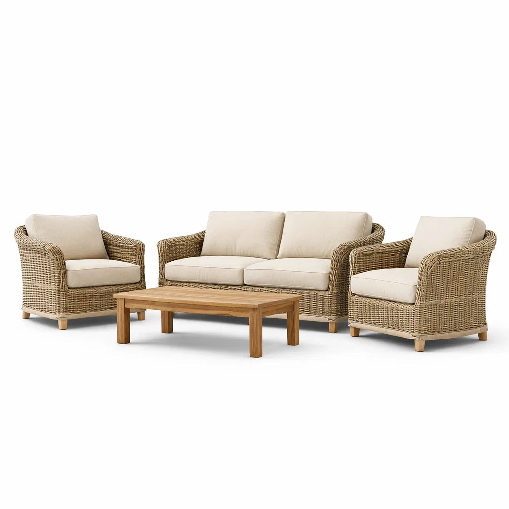 Ensemble de salon extérieur en rotin avec coussins beige et table en teck - 2026