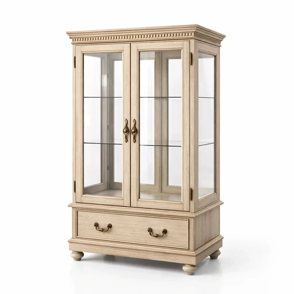 Vitrine en bois de chêne avec portes en verre trempé et tiroir - 2026