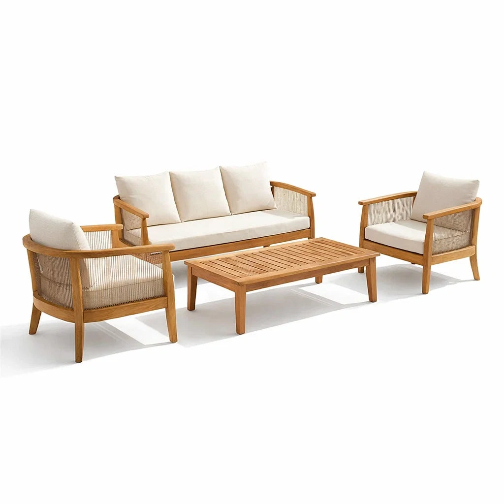 Ensemble de salon en bois de teck et polyester beige 4 pièces avec table - 2026
