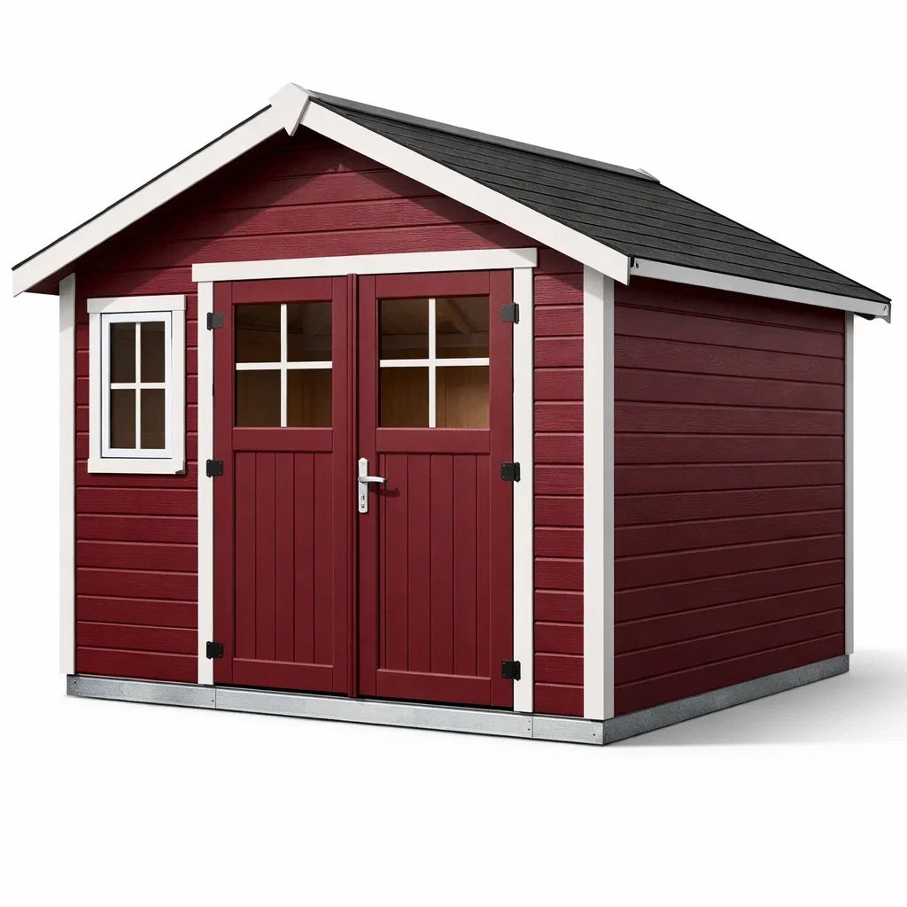 Abri de jardin en bois rouge avec fenêtre et double porte - 2026