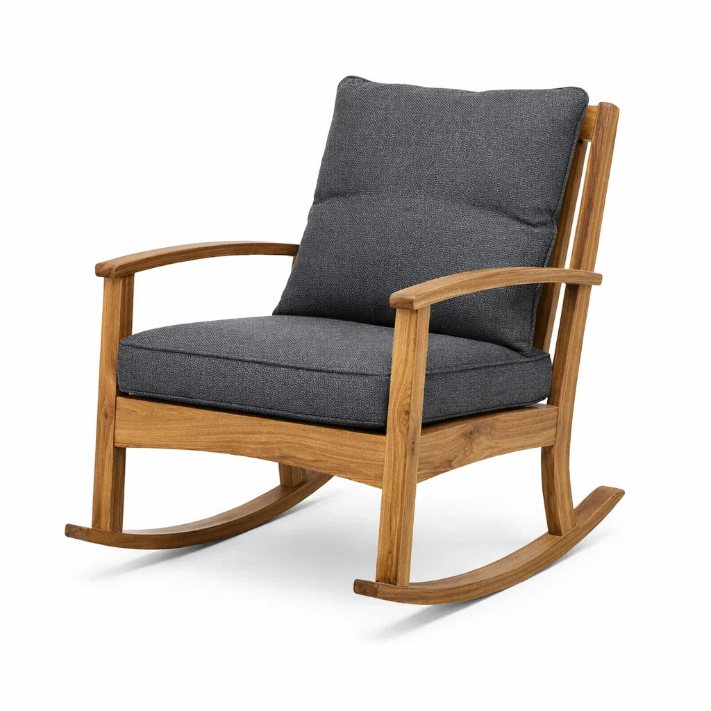 Fauteuil à bascule en bois avec coussins en tissu gris - 2026