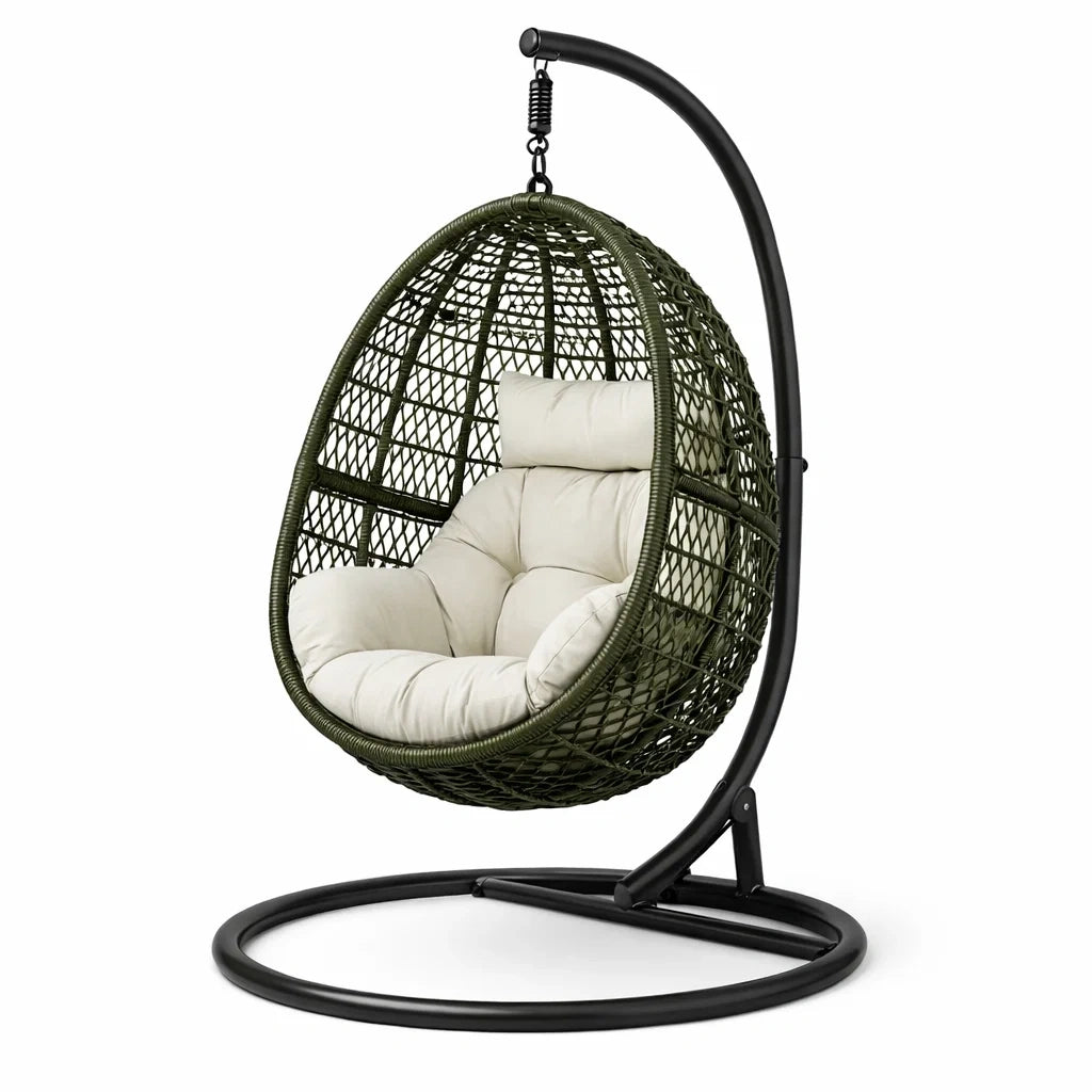 Fauteuil suspendu œuf avec support en métal et résine verte avec coussin beige - 2026