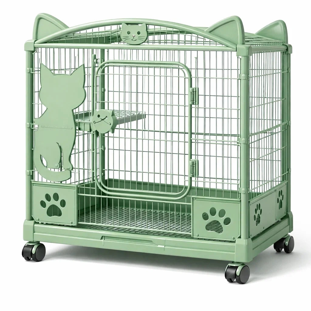 Cage à chat en métal vert avec roulettes - 2026