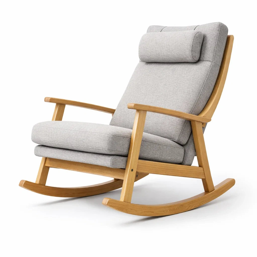 Fauteuil à bascule d’intérieur en tissu gris avec cadre en bois - 2026