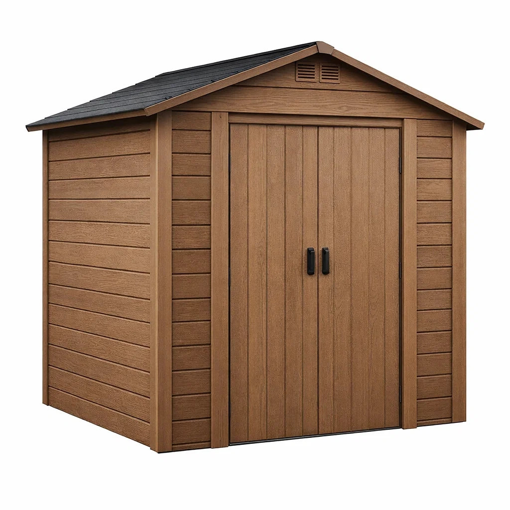Abri de jardin en bois composite marron avec toit en pente - 2026