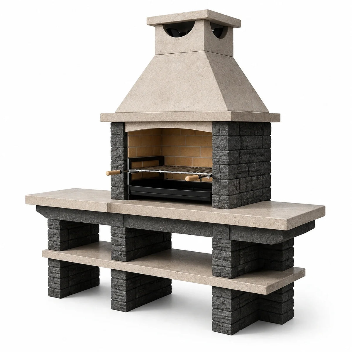Barbecue en pierre et briques avec cheminée béton gris/noir - 2026
