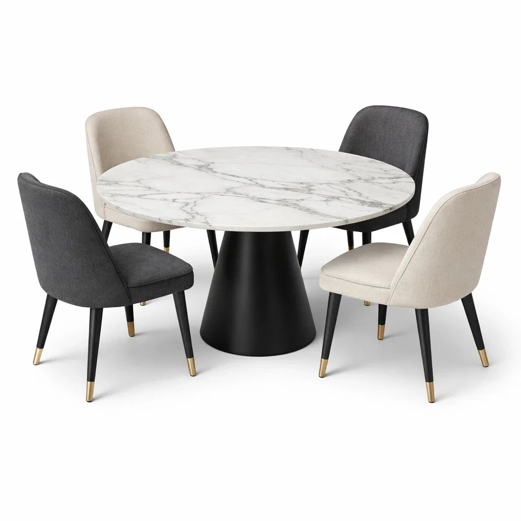 Ensemble table et chaises en marbre et métal avec 4 chaises en tissu - 2026