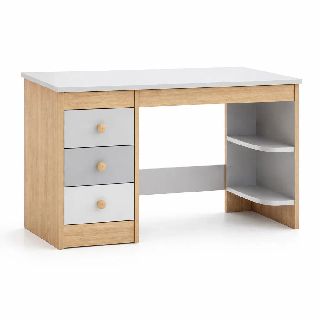 Bureau en bois clair et gris avec tiroirs et étagères - 2026