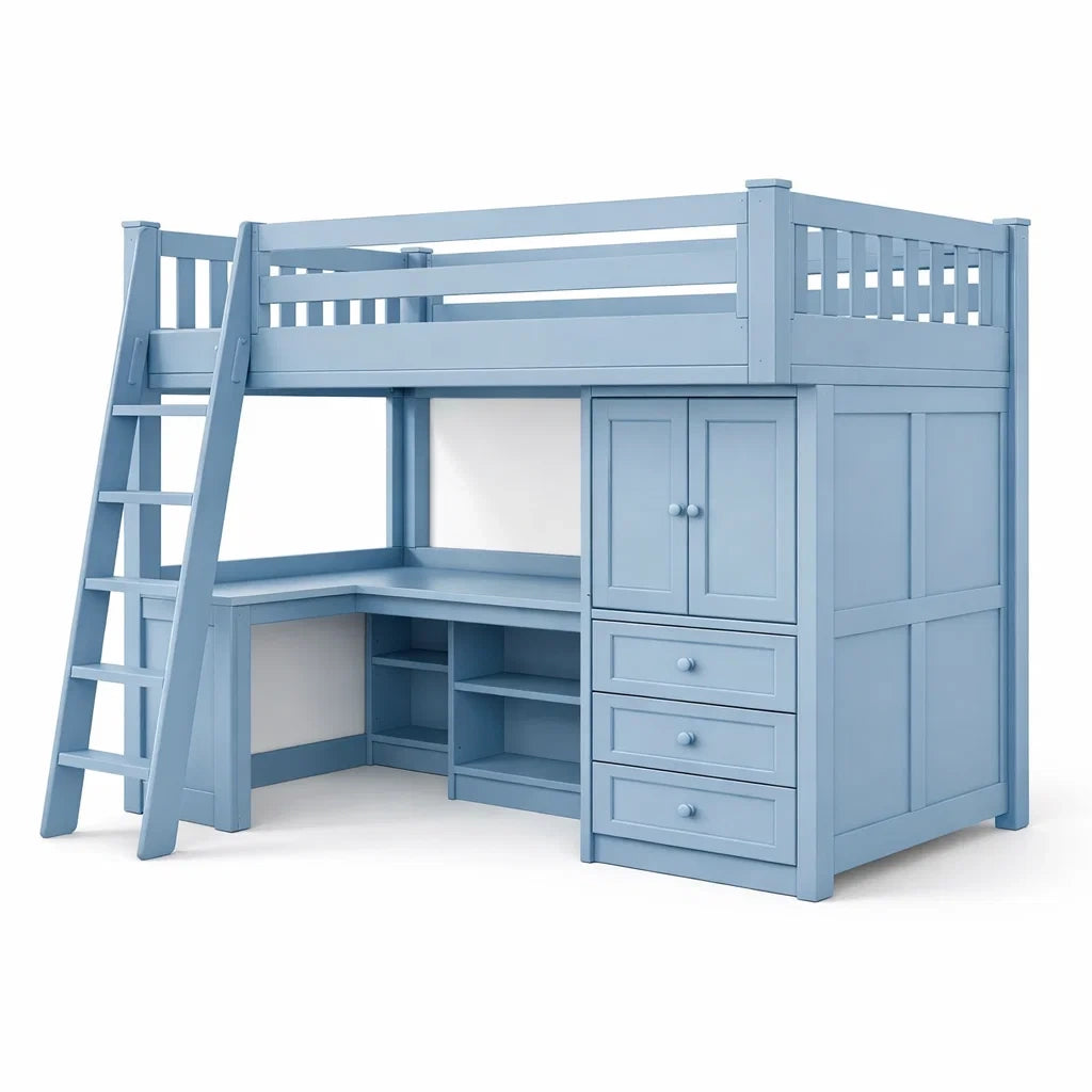 Lit mezzanine en bois bleu avec bureau et rangement - 2026