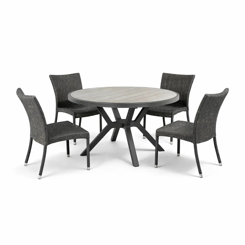 Ensemble table et chaises avec table ronde en métal et chaises en résine tressée - 2026