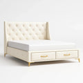 Lit double en bois avec tête de lit en similicuir beige et tiroirs de rangement - 2026