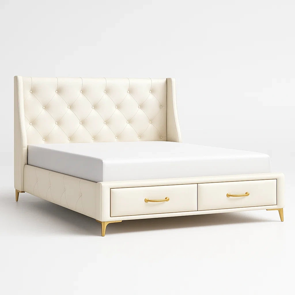 Lit double en bois avec tête de lit en similicuir beige et tiroirs de rangement - 2026
