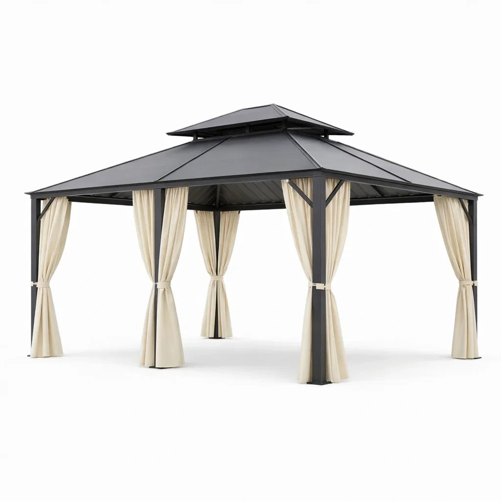 Pavillon de Jardin en Métal Noir avec Rideaux Beige 3x4m - 2026