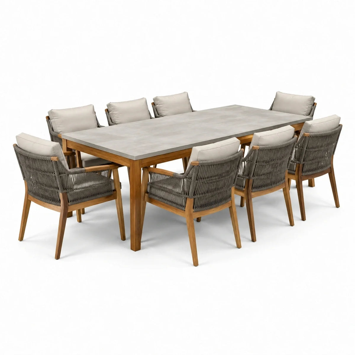 Ensemble de repas extérieur en acacia et ciment avec chaises en corde - 2026