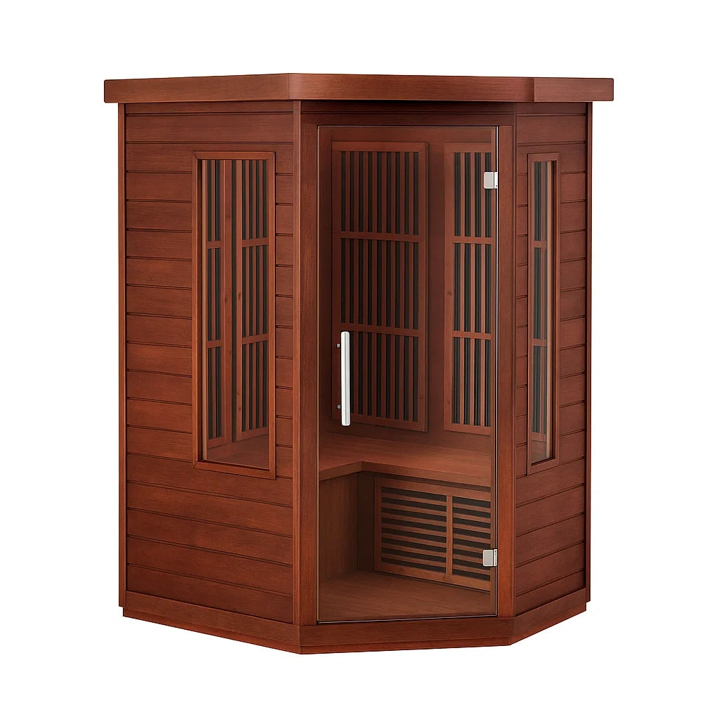 Cabine de sauna infrarouge d'angle en acajou et verre trempé 120x120x190 cm - 2026